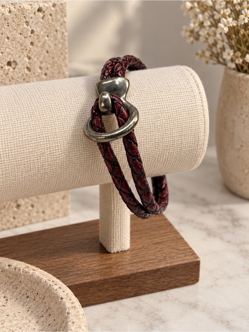 Mens Braided Burgundy Leather Wrap Bracelet with Antique Silver Toggle